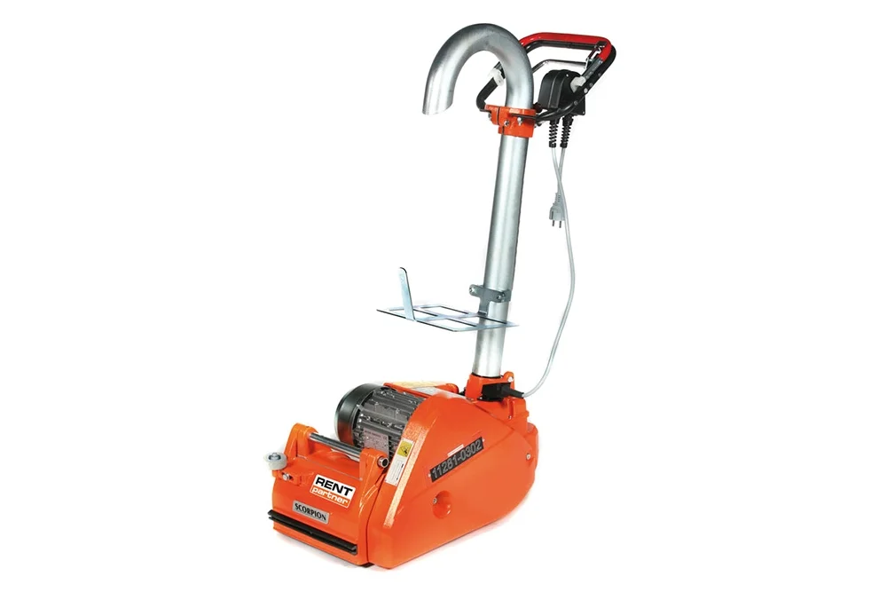 Eine orange Parkettschleifmaschine auf weißem Hintergrund.